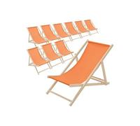 ECD Germany Lot de 10 Chaises Longues Pliantes en Bois Chiliennes, Orange, Dossier Réglable, 3 Positions de Couchage, jusqu'à 120kg, Bain de Soleil en Tissu pour la Plage Jardin Terrasse Camping