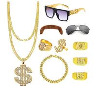 Lot de 10 costumes de proxénètes pour homme, costume des années 70, 80, 90, costume de rappeur, hip hop doré, avec anneau doré, chaînes de lunettes de soleil pour homme, pour cosplay, carnaval, fête à