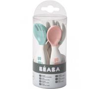 BÉABA, Set Premiers Couverts ergonomiques, Lot de 6 Cuillères & 4 Fourchettes, Manche court et arrondis, Prise en main facile pour Bébé, Adaptée aux droitiers et aux gauchers, Gris/Bleu/Rose