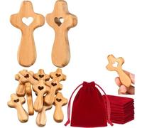 Lot de 10 croix en bois d'olivier sculptées à la main au format de poche avec pochettes en velours et carte de prière inspirante pour les moments fidèles