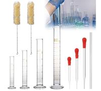 Lot de 10 cylindres gradués en verre épais avec 4 cylindres gradués 5 ml/10 ml/50 ml/100 ml, 3 pipettes en verre, 1 tige en verre, 2 brosses pour tube à essai pour laboratoire, nourriture, recherche,