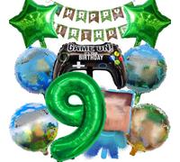 Lot de 10 décorations d'anniversaire pour garçon de 9 ans, avec bannière, manette de jeu XXL, personnage de jeu, étoile à cinq branches et ballon rond, pour les fans de jeux et décoration de fête pour