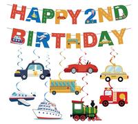 Lot de 10 décorations de 2e anniversaire de voiture pour garçons - Décoration sur le thème du transport comprenant une bannière « Happy 2nd Birthday », un train, un avion, un camion de pompiers, des