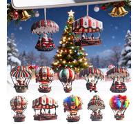 Lot de 10 décorations de Noël 2D Père Noël montgolfière à air chaud, design léger facile à suspendre pour décorations de sapin de Noël (8 x 8 cm)