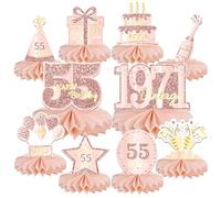 Lot de 10 décorations de table de 55e anniversaire pour femmes - Décorations de table en nid d'abeille vintage 2026 (doré rose et doré, 55 ans)