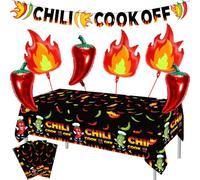 Lot de 10 décorations pour chili Cook Off Bannière Chili Cook Off Nappe jetable en plastique Nappe de table Ballons Feu, Fournitures de cuisine Chili Pepper Décorations