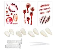 Lot de 10 dents de vampire, 4 paires de crocs de vampire de 4 tailles, 3 tatouages d'Halloween avec 2 tubes de granulés adhésifs, 1 pince à épiler, pour cosplay, fête, Halloween, horreur