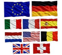 Lot de 10 drapeaux de pays (90 x 150 cm) aux couleurs vives, résistants à la décoloration et imperméables. Comprend : Union européenne, Italie, Allemagne, Espagne, Pays Bas, France, Suisse, Royau