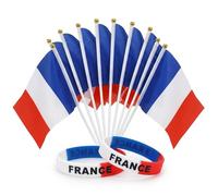 Lot de 10 Drapeaux France à Main 14x21cm avec 2 Bracelets en Silicone, Pavillon Français Bleu Blanc Rouge pour Supporter, Fête Nationale et Événements Sportifs