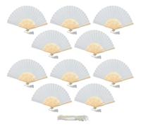 Lot de 10 éventails pliables en papier avec pompon et baleines en bambou de qualité A pour femmes et filles - Cadeau d'anniversaire ou de mariage (blanc)