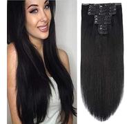 Lot de 10 extensions de cheveux humains à clip - 200 g - 22 clips - Noir profond - Double couture - Cheveux humains brésiliens Remy épais et lisses - 56 cm - 200 g - Noir profond - 56 cm