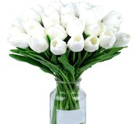 Lot de 10 fausses fleurs de tulipe artificielles avec tiges, pour la fête des mères, Pâques, la maison, la cuisine, la décoration de mariage (blanc)
