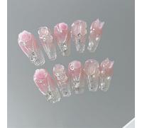 Lot de 10 faux ongles à presser longs en forme de cercueil faits à la main - Camélia uni - Décoration d'ongles - Dégradé de glace - Pour femmes et filles (A709-S)