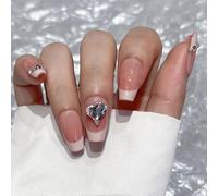 Lot de 10 faux ongles à presser réutilisables faits à la main avec strass français scintillants, chair moyenne à coller (taille M, Q280)
