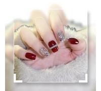 Lot de 10 faux ongles à presser réutilisables faits à la main avec strass rouges dorés et bling-bling bling-bling chair moyen à coller (S, Q168)
