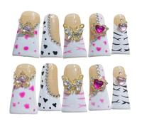 Lot de 10 faux ongles artificiels faits à la main en forme de bec de canard avec strass et strass - Faux ongles élégants en forme de papillon - Avec cœurs