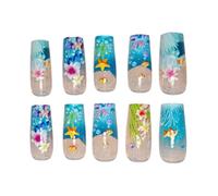 Lot de 10 faux ongles bleus réutilisables à finition polie pour vacances, voyage, rassemblements, femmes, événements, filles, cosplay