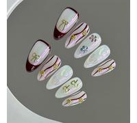 Lot de 10 faux ongles courts à presser faits à la main avec nœud en forme de cœur, décoration d'ongles, style rétro, aurore pour femmes et filles (A724-L)