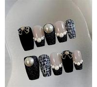 Lot de 10 faux ongles courts à presser faits à la main avec perles françaises et nœud pour décoration d'ongles, doux style rétro pour femmes et filles (E105-XS)