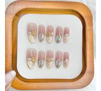 Lot de 10 faux ongles courts à presser faits à la main en forme d'amande avec diamants et fleurs, décoration d'ongles, œil de chat français, pour femmes et filles (A716-L)