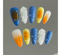 Lot de 10 faux ongles courts à presser faits à la main en forme d'amande glacée à travers les fleurs, décoration d'ongles, pour femmes et filles (A727-S)