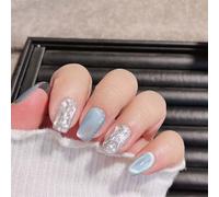 Lot de 10 faux ongles courts faits à la main avec strass et œil de chat bleu pour femmes et filles (19950-XS)
