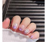 Lot de 10 faux ongles courts faits à la main avec strass pour décoration d'ongles, aurore française, pour femmes et filles (19938-M)