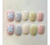 Lot de 10 faux ongles courts ovales faits main, style kawaii pastel, multicolores, effet gelée, avec fleurs bleues 3D, pois et rayures. Pour femmes et filles, à porter au quotidien, en soirée ou pour 