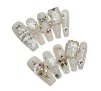 Lot de 10 faux ongles en forme de flocon de neige avec sapin de Noël - À coller sur le dessus