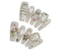 Lot de 10 faux ongles en forme de flocon de neige avec sapin de Noël - À coller sur le dessus