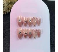 Lot de 10 faux ongles en poudre d'amande pour faux ongles en relief avec nœud dessiné à la main et étoile - Couverture complète - Couleur : 2, taille M