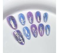 Lot de 10 faux ongles en poudre d'amande pour faux ongles en relief avec nœud dessiné à la main et étoile à presser sur les ongles à couverture complète (couleur : 5, taille : L)