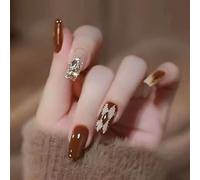 Lot de 10 faux ongles Press On Nails avec perles 3D et fleurs - Kit de nail art avec colle à ongles - Faux ongles français pour fêtes, mariages et salons de manucure (rouge, court)