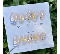 Lot de 10 faux ongles transparents et colorés peints à la main en forme de cœur avec petites fleurs et strass
