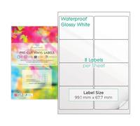 Lot de 10 feuilles A4 d'étiquettes autocollantes en vinyle brillant (PVC) blanc prédécoupées imperméables multi-usages imprimables à jet d'encre (2 x 4, 8 étiquettes par feuille, 80 étiquettes au