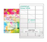 Lot de 10 feuilles A4 d'étiquettes autocollantes en vinyle brillant (PVC) blanches prédécoupées et imperméables, multi-adhésives, imprimables à jet d'encre (21 par feuille)