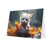 Lot de 10 feuilles de cartes de vacances blanches avec motif chiot dans un bol - Enveloppe grise - Convient comme cartes d'invitation pour anniversaire de mariage et fête