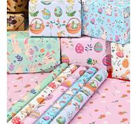 Lot de 10 feuilles de papier cadeau de Pâques pour filles et garçons, motif œufs de lapin, papier plié à motif mignon pour anniversaire, fête prénatale