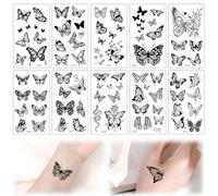 Lot de 10 feuilles de tatouage papillon noir, grand papillon noir, tatouages temporaires, tatouages adhésifs pour adultes, noirs, convient pour la décoration des parties du corps