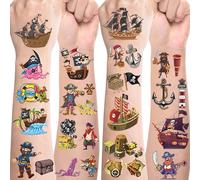 Lot de 10 feuilles de tatouages de pirate pour enfants - Doux pour la peau - À coller - Petit cadeau d'anniversaire - Décoration de fête - Pirates - Tatouages pour enfants et garçons
