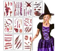 Lot de 10 feuilles de tatouages pour Halloween, visage, cicatrices, plaies à coller, tatouages temporaires, étanches, horreur, décoration d'Halloween pour maquillage zombie, cosplay, fête