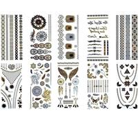 Lot De 10 Feuilles De Tatouages Temporaires En Forme De Plume Pour Bracelet-Tatouages Métalliques Dorés Et Argentés
