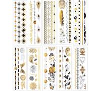 Lot De 10 Feuilles De Tatouages Temporaires En Forme De Plume-Tatouages Métalliques-Doré Et Argenté-Tatouages Métalliques W2