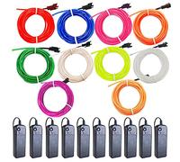 Lot de 10 fils électroluminescents néon de 2.7 m avec réduction du bruit et batterie (vert, bleu, rouge, blanc, rose, violet, bleu glacier, orange, vert fluo) pour décorations d'Halloween et costumes