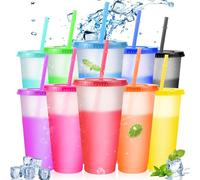 Lot de 10 gobelets réutilisables en plastique de 710 ml avec couvercles et pailles - Gobelets à changement d'couleur à l'eau glacée en vrac sans BPA pour café smoothie fondant - Gobelets de fête pour