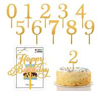 Lot de 10 inserts de gâteau numérotés avec 1 insert joyeux anniversaire, mini ensemble d'inserts 0-9, accessoires de décoration de gâteau en acrylique pour anniversaire, fête de mariage (doré)