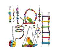 Lot de 10 jouets à mâcher suspendus pour cage à perroquets : perles en bois, balle et clochette.