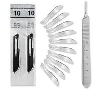 Lot de 10 lames de scalpel stériles Figure 10 en acier au carbone - Lames de rechange + 1 support Shehadeh - Avec manche de 13 cm de long avec échelle de mesure en cm - Acier inoxydable