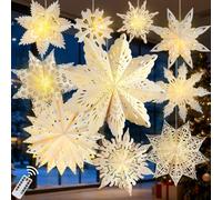 Lot de 10 lanternes de Noël en papier avec lumière LED - Grande lanterne en forme d'étoile de Noël - Lanterne creuse à suspendre pour Noël, vacances, mariage, fête d'anniversaire, décoration