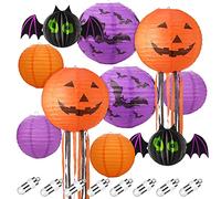 Lot de 10 lanternes en papier pour Halloween - 8 lanternes en papier à LED - Lanterne effrayante pour Halloween - Motif chauve-souris et citrouille - 30,5 cm - 20,3 cm